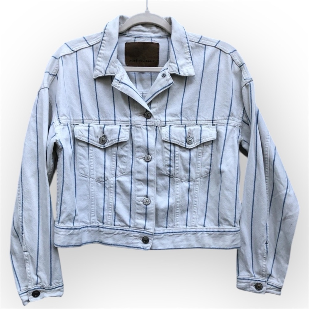 American Eagle Outfitters White Denim Striped Jean Jacket with Blue Stripes Sz M